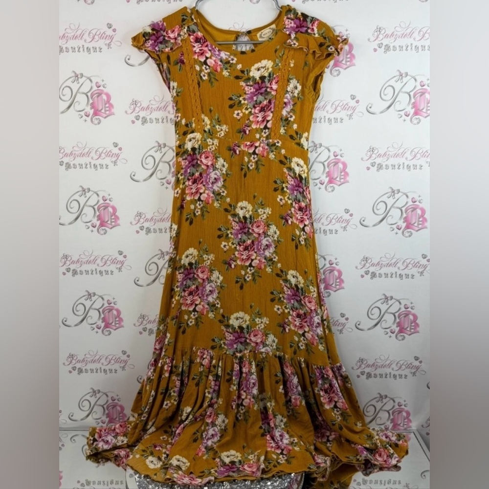 Mia joy dress long ruffle hem flowers crochet lace details Floral Mustard Dress